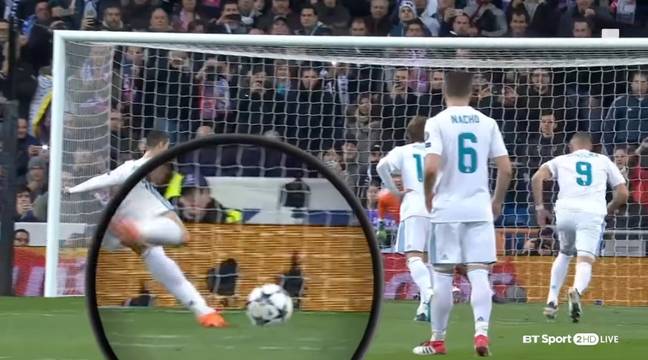 The ball bounces up as Ronaldo goes to strike the ball. Image: BT Sport