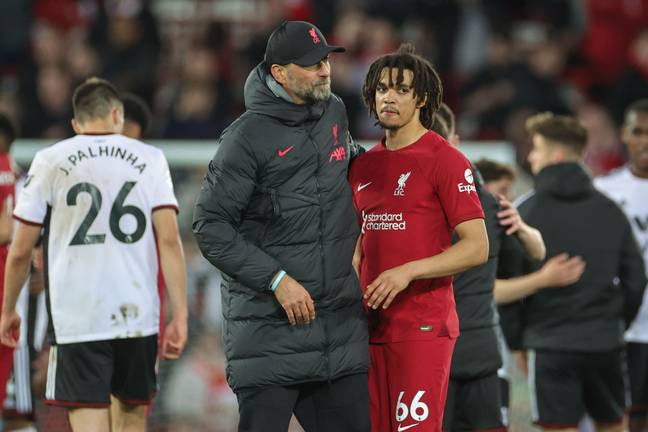 Trent gets congratulated by Klopp. Image: Alamy