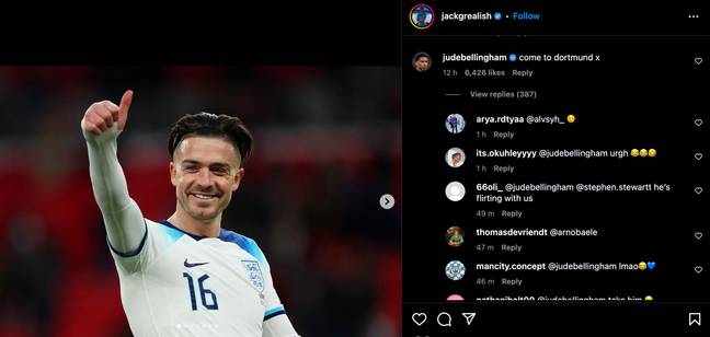 England midfielder Jude Bellingham sending an enticing offer to Manchester City star Jack Grealish. Credit: Instagram/Jack Grealish