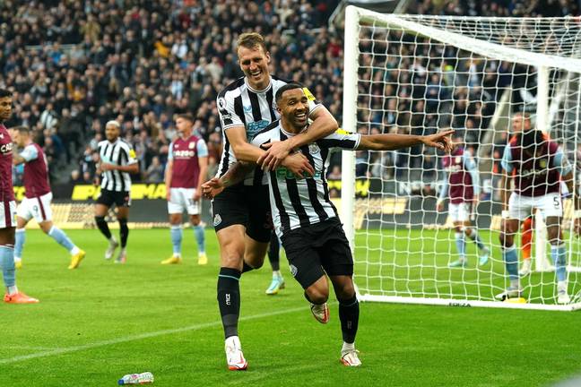 Newcastle United's Callum Wilson with team-mate Dan Burn celebrates scoring their side's second goal of the game during the Premier League match. (Alamy)