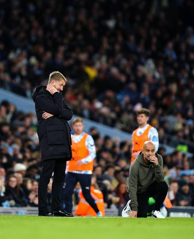 Chelsea manager Graham Potter reacts on the touchline during the Carabao Cup third round match at the Etihad Stadium. (Alamy)