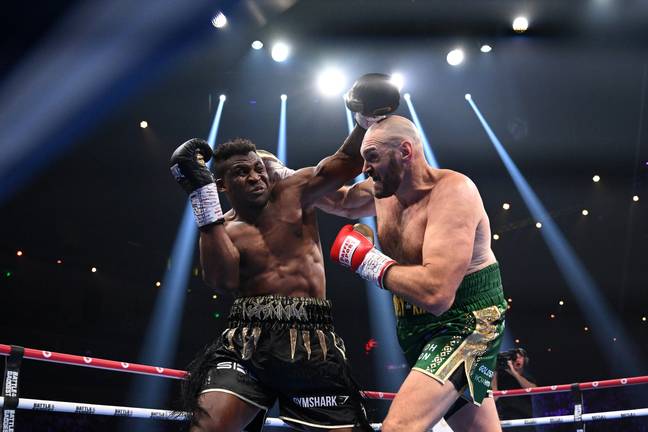 Tyson Fury and Francis Ngannou during their fight. Image: Getty 