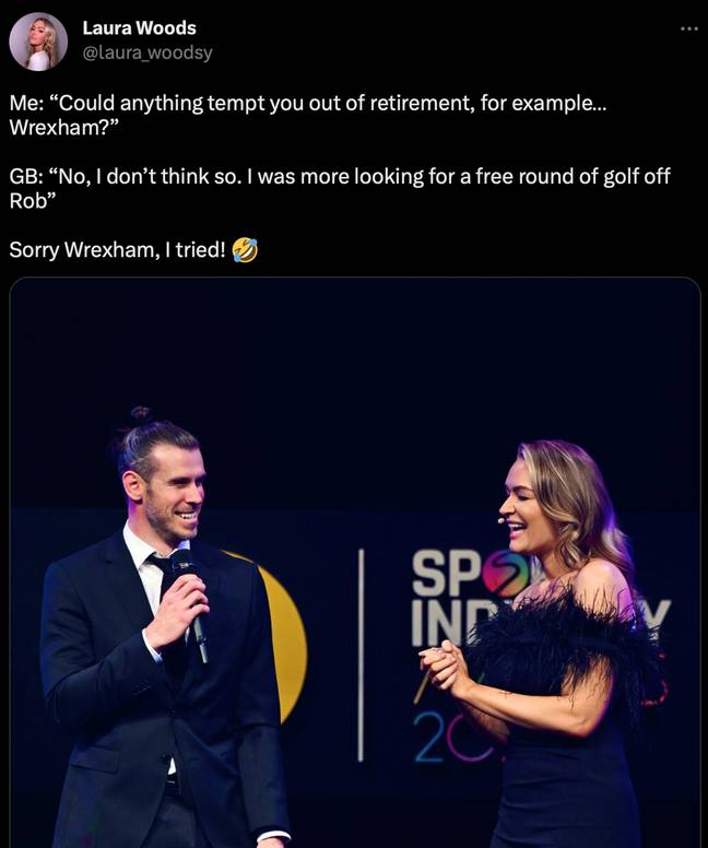 Woods Tweeted out her interaction with Bale at the UK Sports Industry Awards. Credit: Twitter/Laura_woodsy