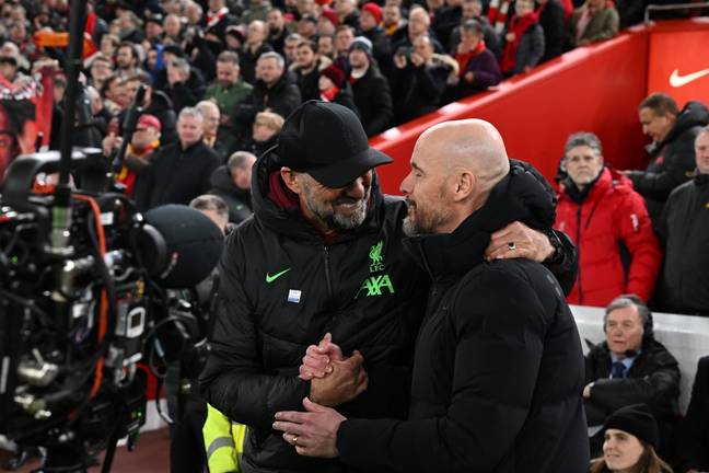 Jurgen Klopp and Erik ten Hag embrace before Liverpool vs. Manchester United. Image: Getty