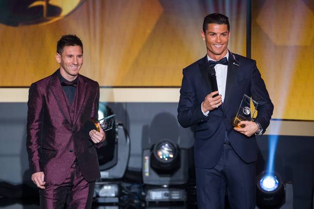 Lionel Messi and Cristiano Ronaldo during the 2014 Ballon d'Or ceremony. Image: Getty