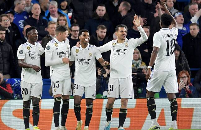 Real Madrid players celebrate a goal at Stamford Bridge. Image: Alamy