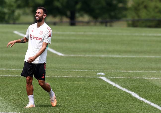 Bruno Fernandes during a Manchester United training session. Image: Getty