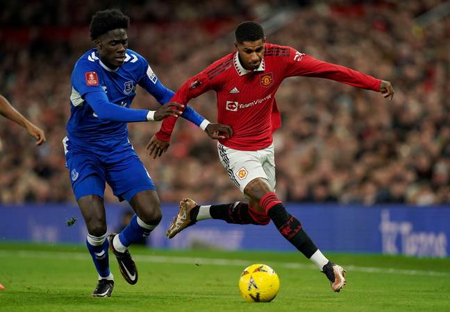 Rashford battles with Everton midfielder Amadou Onana. (Image Credit: Alamy)
