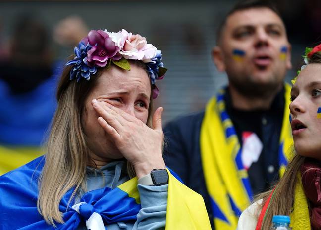The national anthem was certainly very emotional for Ukraine fans ahead of kick off. Image: Alamy