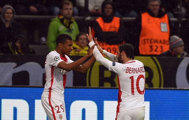 Kylian Mbappe and Bernardo Silva celebrate during their time together at AS Monaco. Image: Alamy
