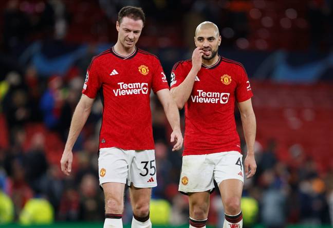 Jonny Evans and Sofyan Amrabat following Manchester United's defeat to Bayern Munich in the Champions League. Image: Getty