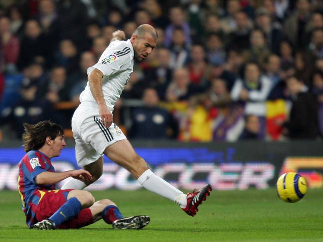 Lionel Messi and Zinedine Zidane during an El Clasico in 2005. Image: Getty