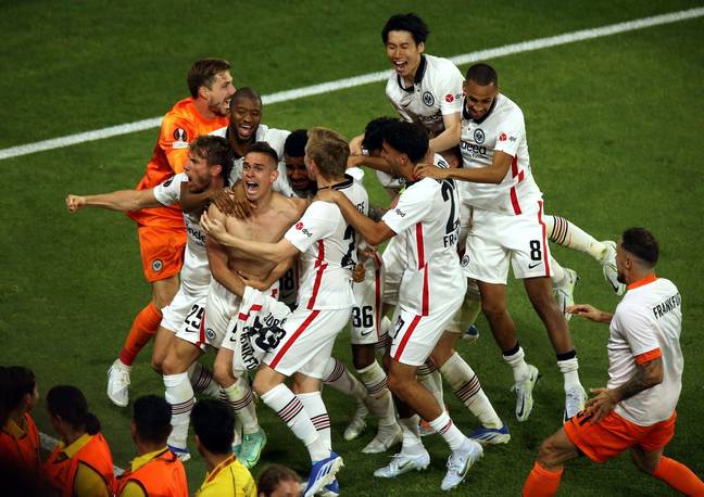Frankfurt celebrate after the winning penalty. Image: PA Images