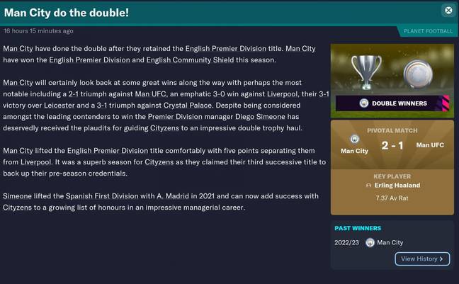 Man City's results under Guardiola's successor, Diego Simeone (Credit: Football Manager)