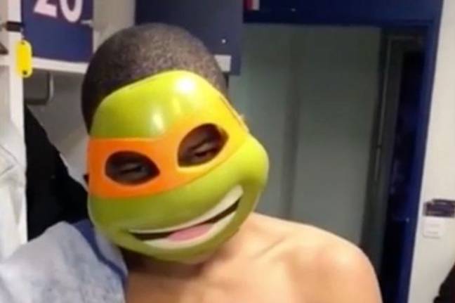 Mbappe in the Teenage Mutant Ninja Turtles mask. (Image Credit: Thiago Silva/Instagram)