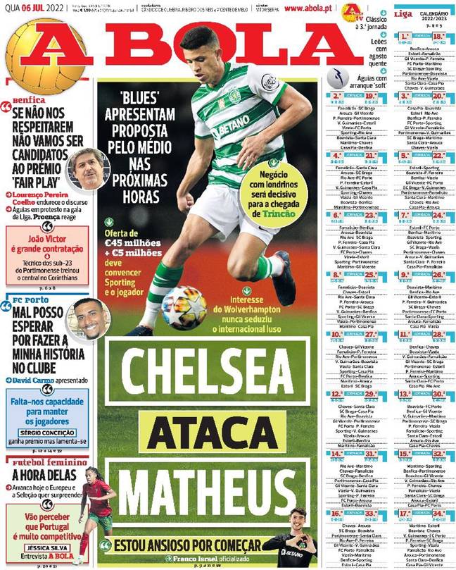 Wednesday's edition of A Bola in Portugal.