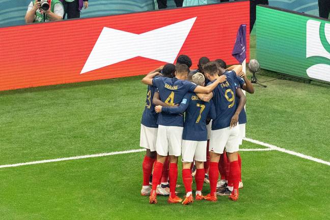 The France team celebrate after scoring against Morocco. Image: Alamy 