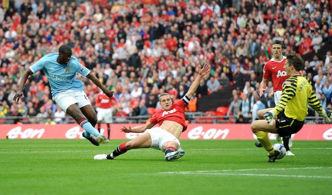 Yaya Toure scoring when the two Manchester sides met in the FA Cup semi-final in 2011. Image: Alamy