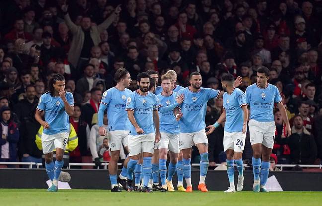 Manchester City celebrate scoring the opening goal. Image: Alamy 