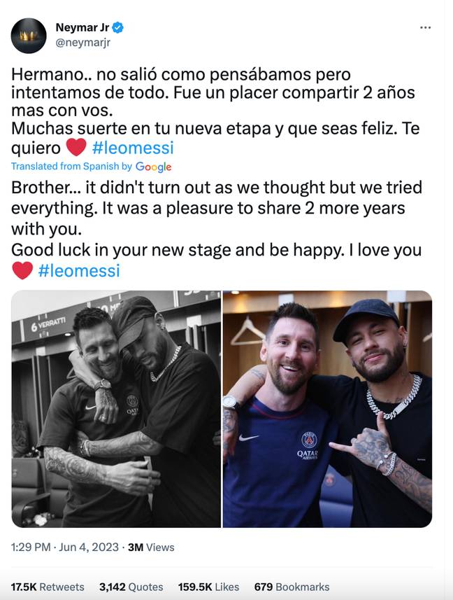 Neymar sends his wishes to his former teammate. Image: Twitter