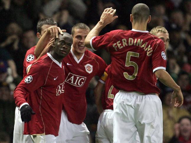 Louis Saha celebrates scoring a goal for Manchester United. Image: Getty