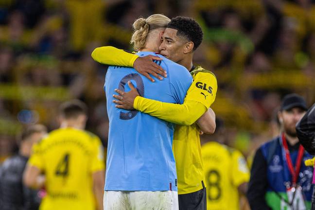 Erling Haaland and Jude Bellingham embrace after a Champions League meeting. Image: Alamy 