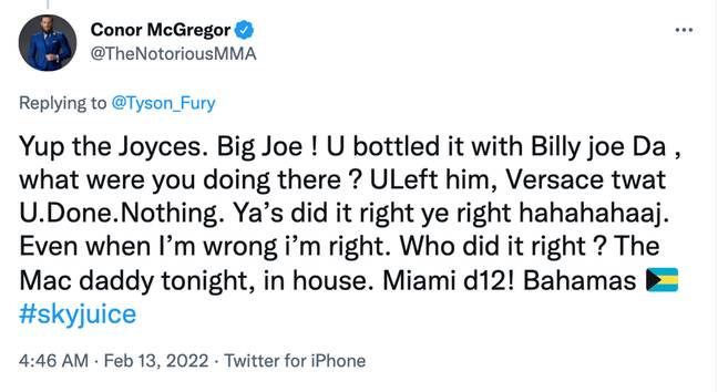 Have to screenshot McGregor's tweet because you never know when he'll delete it. Image: Twitter