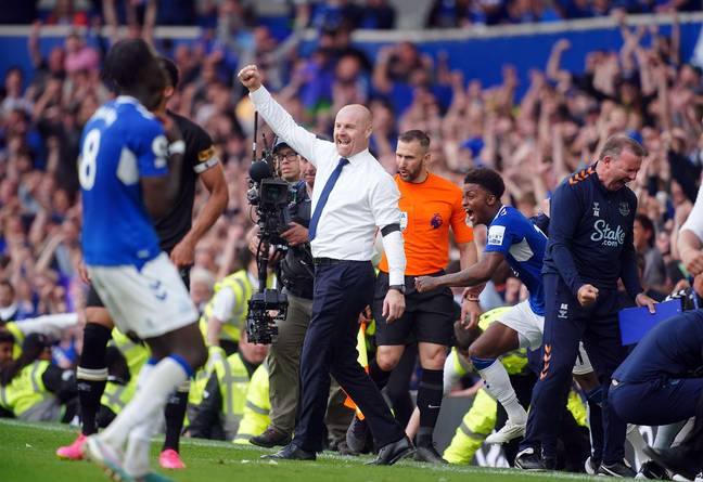Sean Dyche pumps his fist after securing Everton's place in the Premier League. Image: Alamy