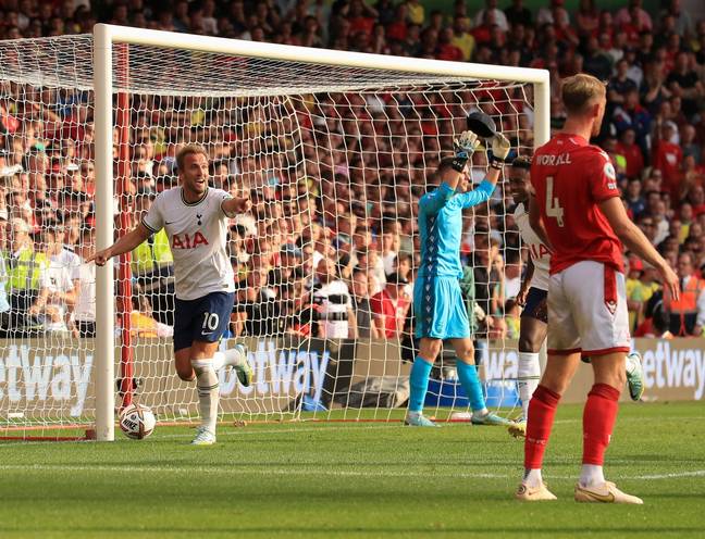 Kane celebrates scoring against Forest. Image: Alamy