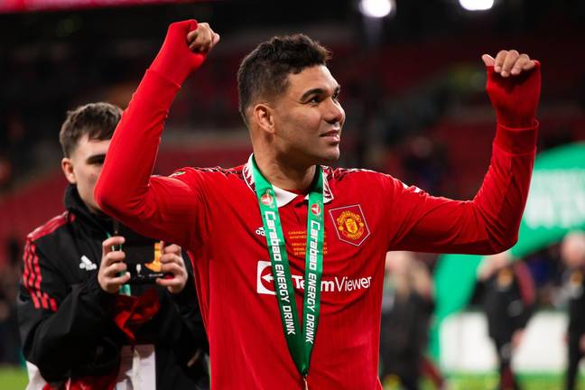 Casemiro celebrates after winning the Carabao Cup. Image: Alamy 
