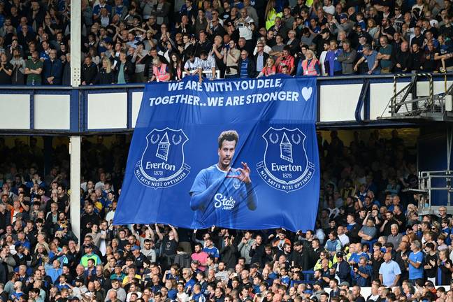 Everton fans reveal a Dele Alli banner at Goodison Park. Image: Getty 