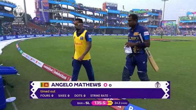 Angelo Mathews leaves the field after being timed out. Image: ICC