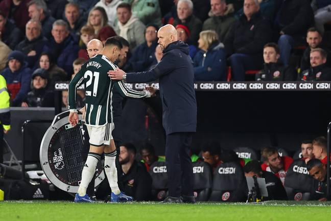 Ten Hag consoles Antony as he leaves the pitch against Sheffield United last month. (Image Credit: Getty)