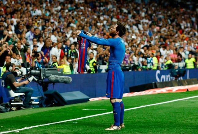 Lionel Messi's iconic celebration in front of Real Madrid fans (Credit: Getty)