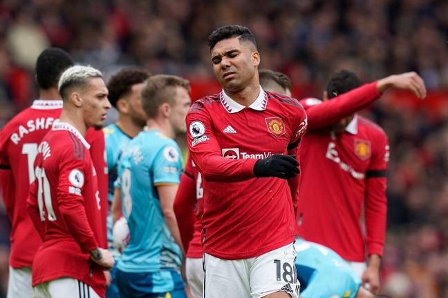 Casemiro was clearly unhappy with his red card. Image: Alamy