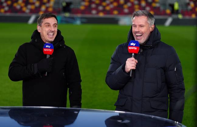 Neville and Carragher make each other laugh. Image: Alamy