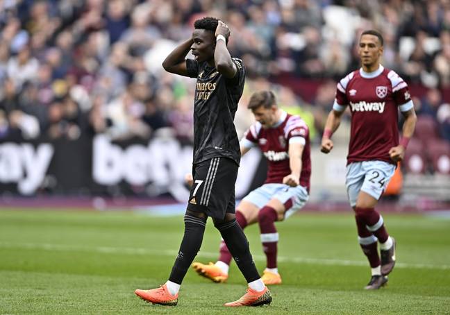 Saka can't believe his penalty miss vs West Ham. Image: Alamy