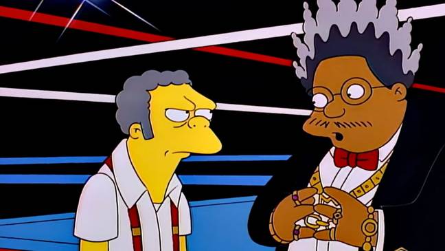 Moe Szyslak being reminded by Lucius Sweet about their arrangement for Homer Simpson vs Drederick Tatum. Credit: Disney/Disney+