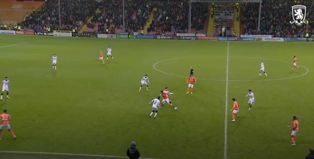 Middlesbrough's system against Blackpool. They managed to overwhelm the Tangerines with a spare man and score from this move. (Image Credit: Middlesbrough/YouTube)