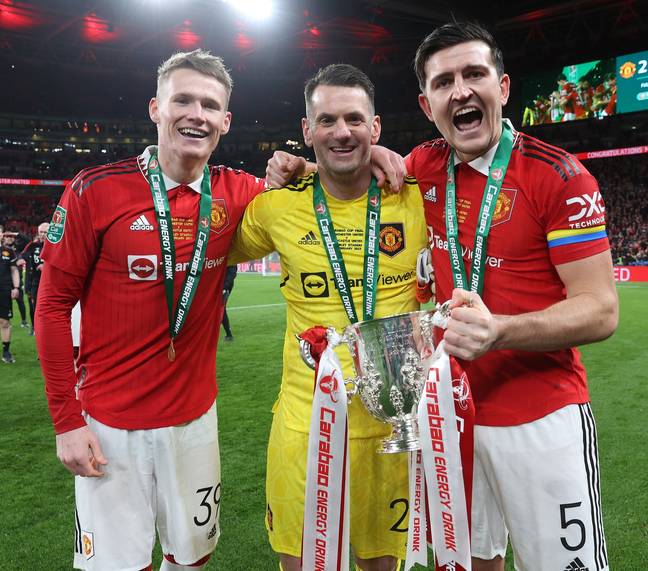 Scott McTominay and Harry Maguire celebrate last season's Carabao Cup triumph. Image: Getty