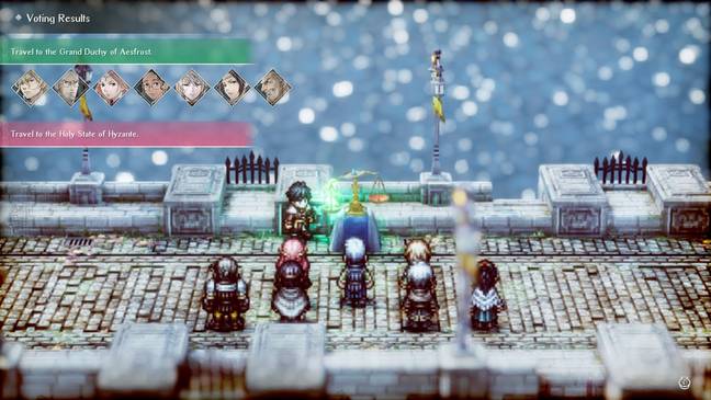 Your main cast of characters will cast their votes to determine the path you take / Credit: Nintendo / Square Enix