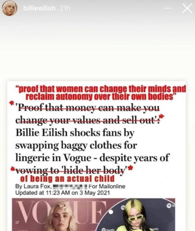 The teen took issue previously with a Daily Mail headline. Credit: Instagram/Billie Eilish