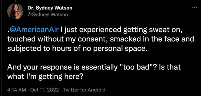 Dr Watson was not amused with the airline's response. Credit: @SydneyLWatson/ Twitter