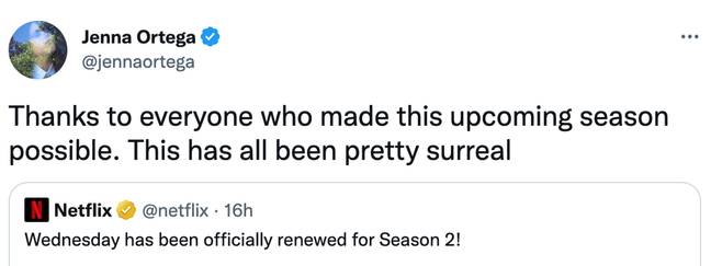Ortega thanked fans for their support of the series. Credit: @jennaortega/Twitter