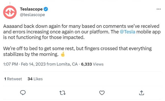 Hopes that the app would be back and working fell flat as many users saw their service drop out once more. Credit: Twitter/@teslascope