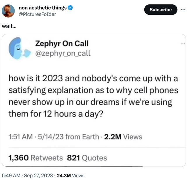 A viral social media post has got X users discussing whether they use phones in their dreams. Credit: X/@zephyr_on_call/@picturesfoider
