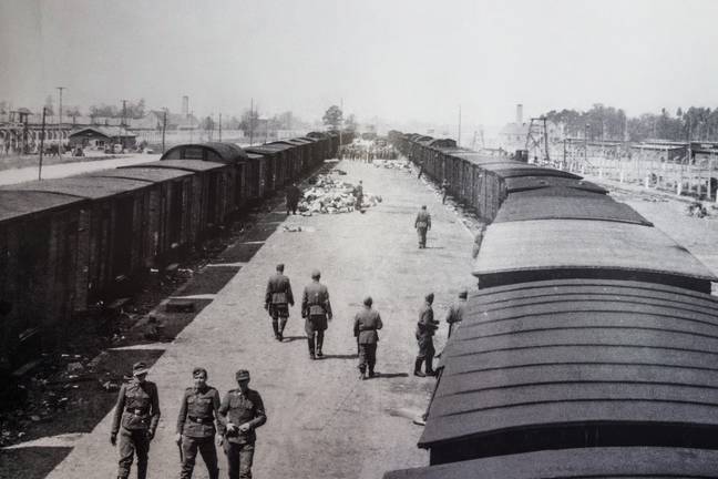 Nazi guards at the Auschwitz-Birkenau concentration camp in 1944. Credit: Tartezy / Alamy Stock Photo