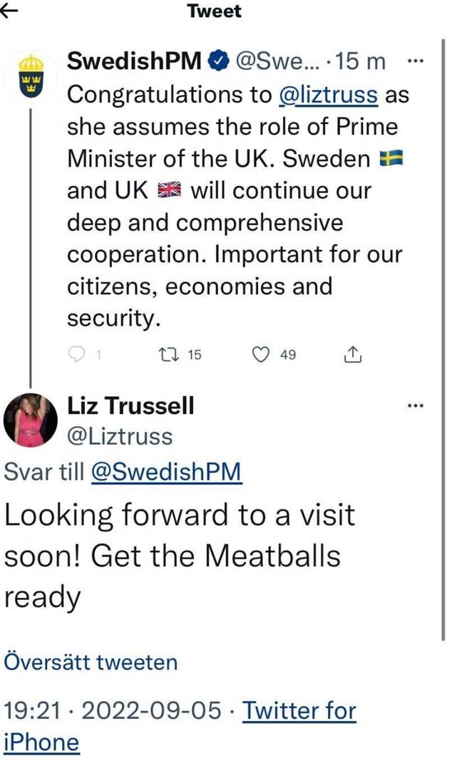 Andersson mentioned the wrong Liz Truss, tagging the account @LizTruss instead of @trussliz. Credit: Twitter/@SwedishPM