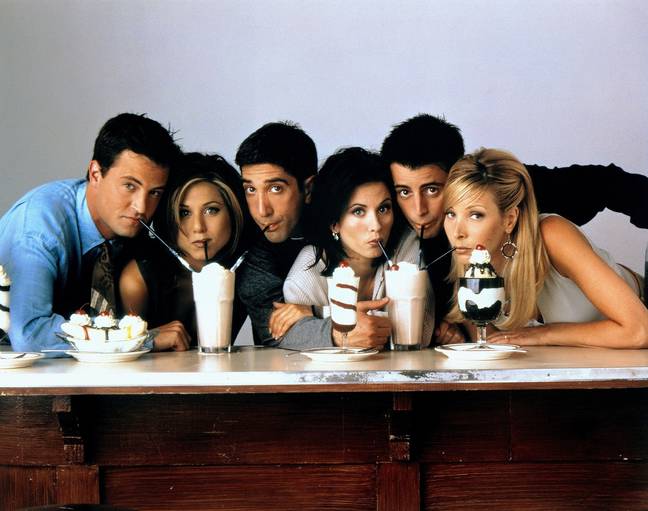 The cast of Friends with Matthew Perry on the far left. Warner Bros. Television.