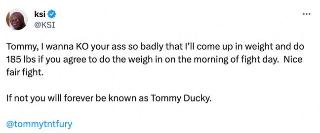 The YouTuber has expressed his desire to 'KO' Tommy Fury. Credit: Twitter/@KSI
